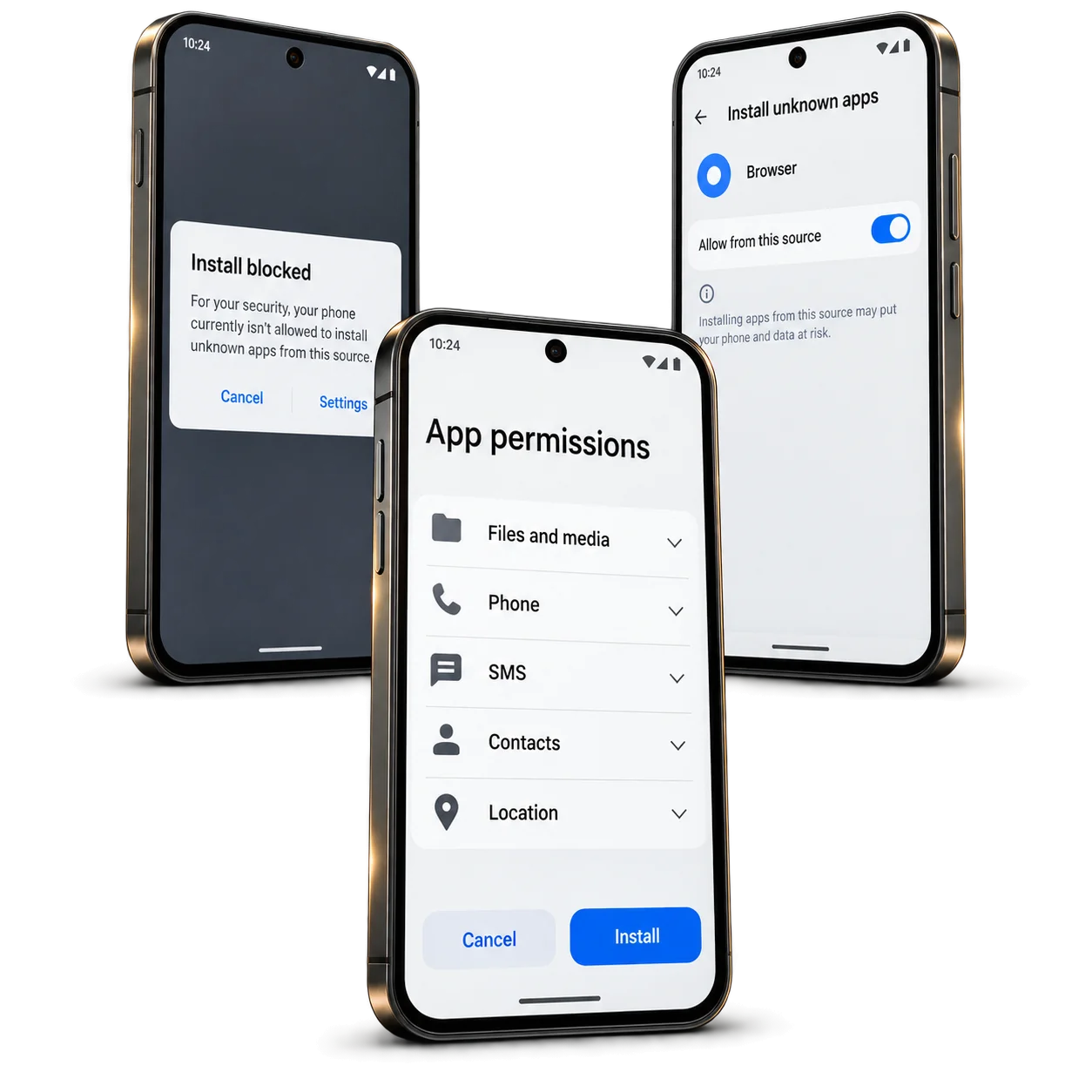 Three Android screens: install blocked, allow from this source, and the permission list an APK requests
