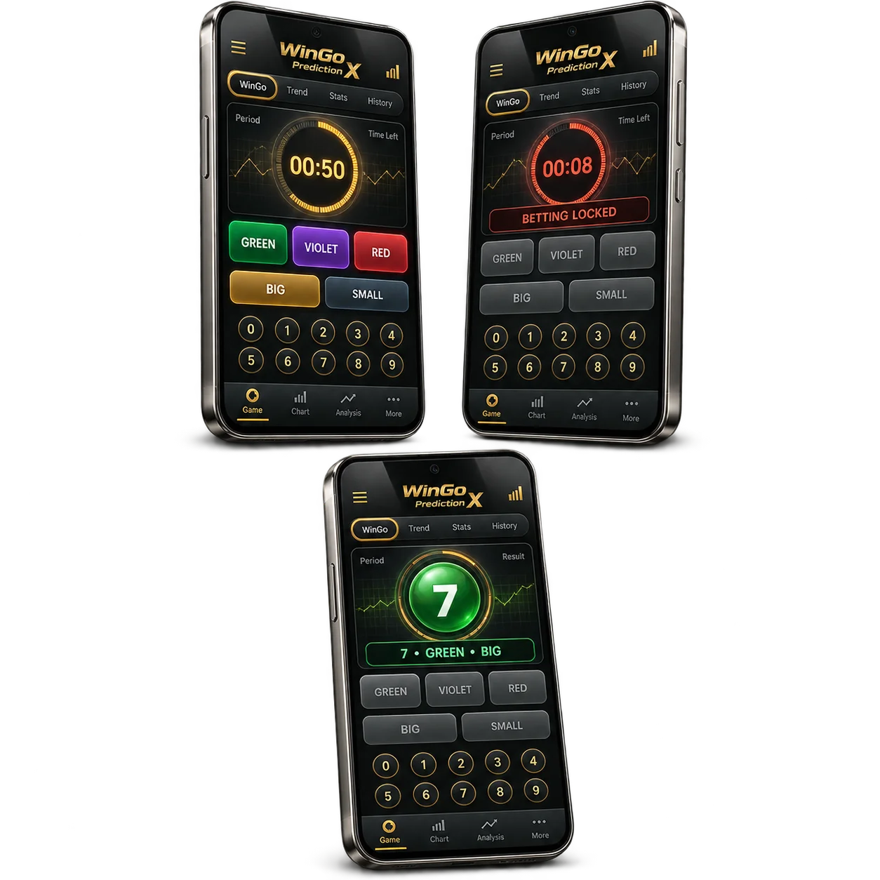 A WinGo round at three moments: betting open, betting locked, and the drawn digit shown